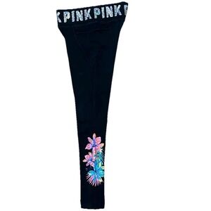 VS‎ PINK Hibiscus Bling Yoga Leggings Wmns L Sequin Activewear Blk/Pink Y2K